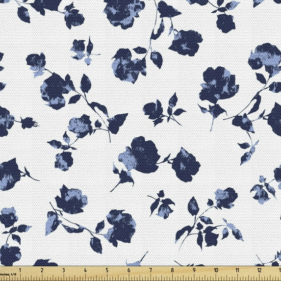 Ambesonne Floral Fabric by the Yard Upholstery, Charming Flowers Art, 3 Yards, Dark Blue Pale Blue