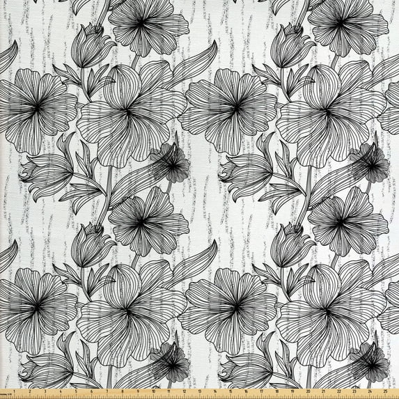 Floral Sofa Upholstery Fabric by the Yard, Black and White Hand Drawn Line Art Design Wild Spring Flowers Illustration, Decorative Fabric for DIY and Home Accents, Black and White by Ambesonne