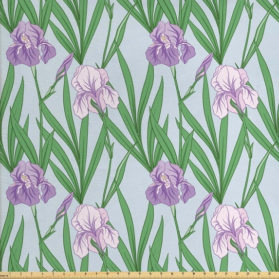 Floral Sofa Upholstery Fabric by the Yard, Botanical Art Pattern with Purple Iris Green Leaves in Japanese Style, Decorative Fabric for DIY and Home Accents, Pale Blue Green by Ambesonne
