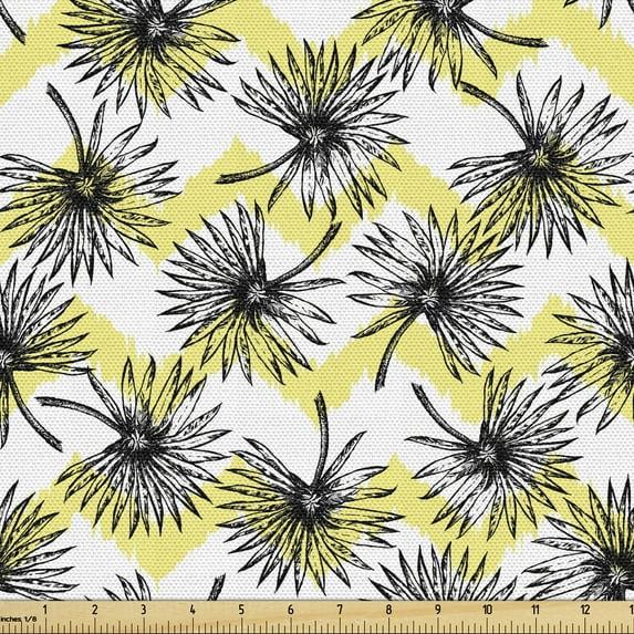 Floral Sofa Upholstery Fabric by the Yard, Calendula Blossoms Flower Petals Spring Zigzags Geometric Concept, Decorative Fabric for DIY and Home Accents, Dark Grey and Yellow Green by Ambesonne