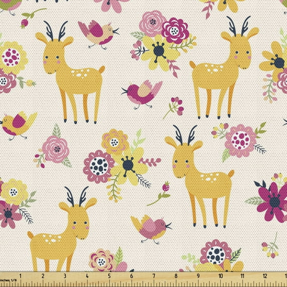 Ambesonne Floral Fabric by the Yard Upholstery, Deer and Blossoming Flowers, 2 Yards, Champagne and Multicolor