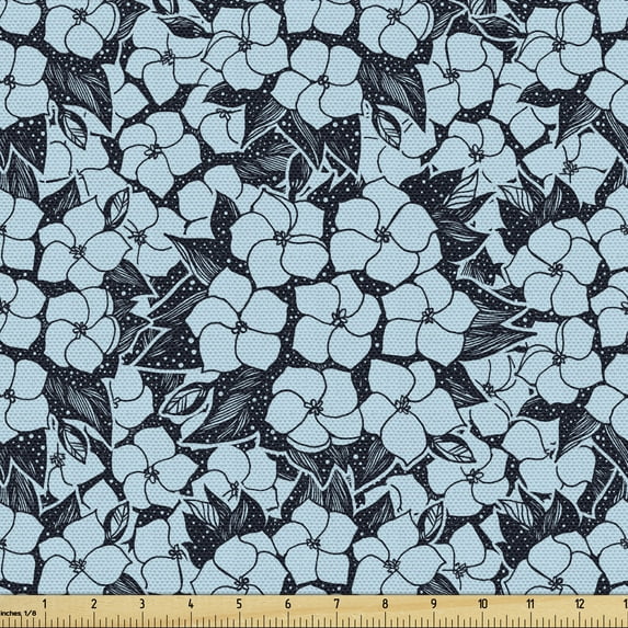 Ambesonne Floral Fabric by the Yard Upholstery, Top View Hydrangea Flowers, 2 Yards, Night Blue Cadet Blue