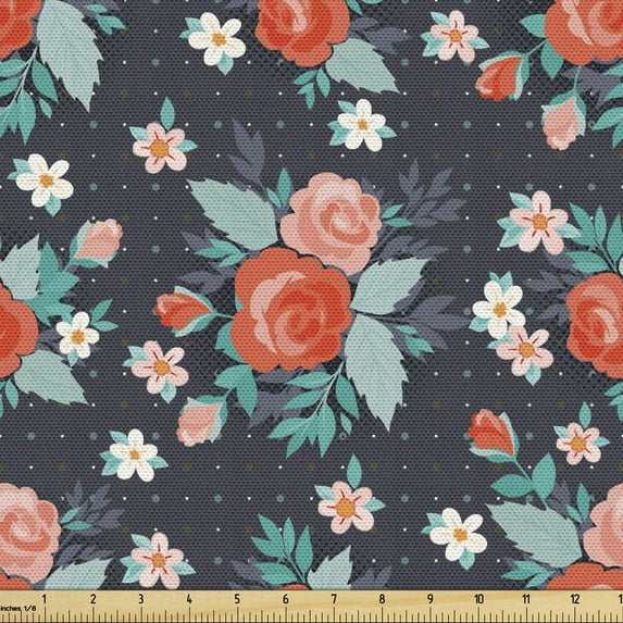 Ambesonne Floral Fabric by the Yard Upholstery, Feminine Colorful Roses Art, 5 Yards, Dark Indigo and Multicolor