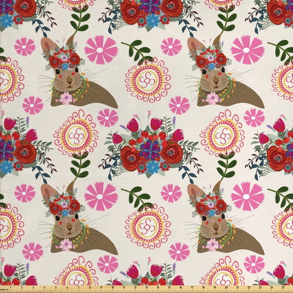 Ambesonne Floral Fabric by the Yard Upholstery, Bunny with Floral Headdress, 3 Yards, Multicolor