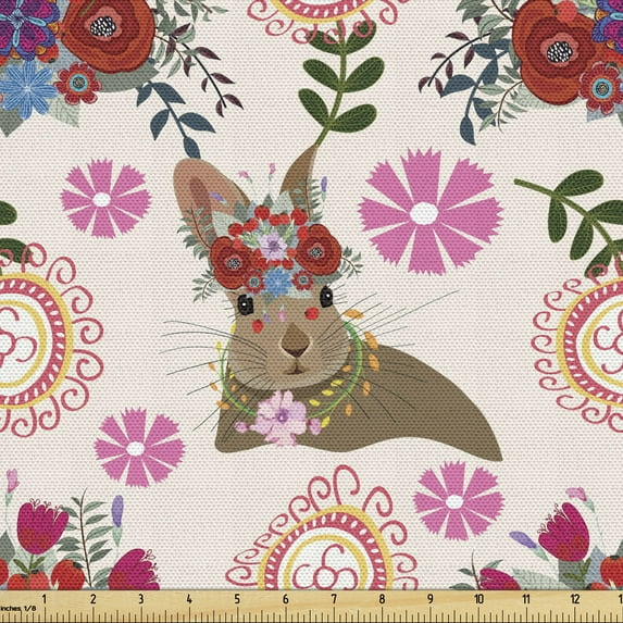 Ambesonne Floral Fabric by the Yard Upholstery, Bunny with Floral Headdress, 1 Yard, Multicolor