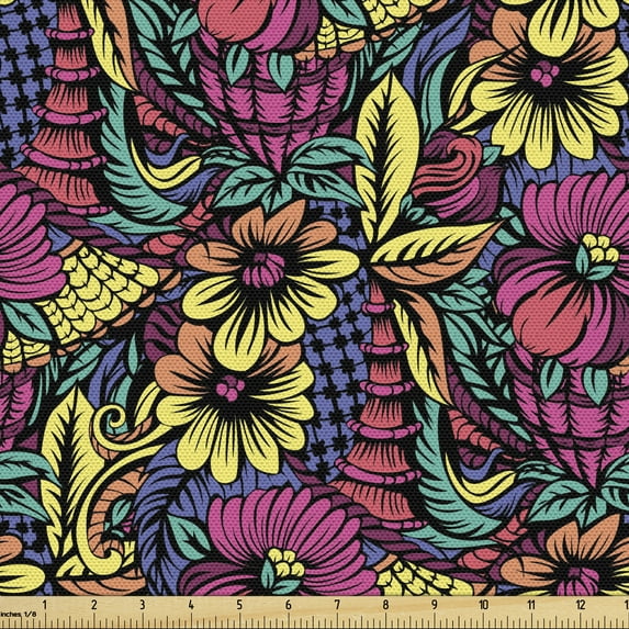 Floral Sofa Upholstery Fabric by the Yard, Computer Graphics of Flowers and Leaves in Vibrant Energetic Summer Tones, Decorative Fabric for DIY and Home Accents, Multicolor by Ambesonne