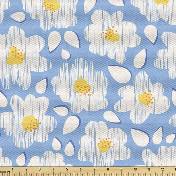 Ambesonne Floral Fabric by the Yard Upholstery, Happy Pastel Daisy Flowers, 1 Yard, Mustard Pale Sky Blue