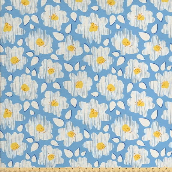 Ambesonne Floral Fabric by the Yard Upholstery, Happy Pastel Daisy Flowers, 5 Yards, Mustard Pale Sky Blue