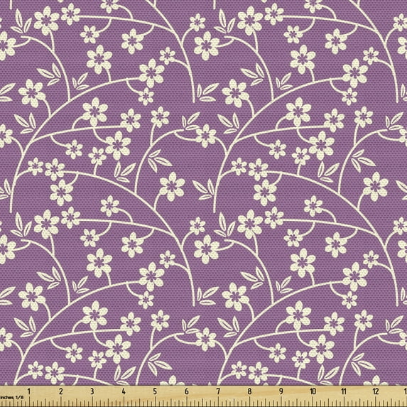 Ambesonne Floral Fabric by the Yard Upholstery, Flowers Branch, 10 Yards, Pale Purple and Cream