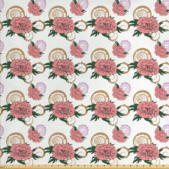 Floral Sofa Upholstery Fabric by the Yard, Continuous Peony Flowers in Hand Drawn Romantic Style on Plain Background, Decorative Fabric for DIY and Home Accents, White and Pastel Pink by Ambesonne