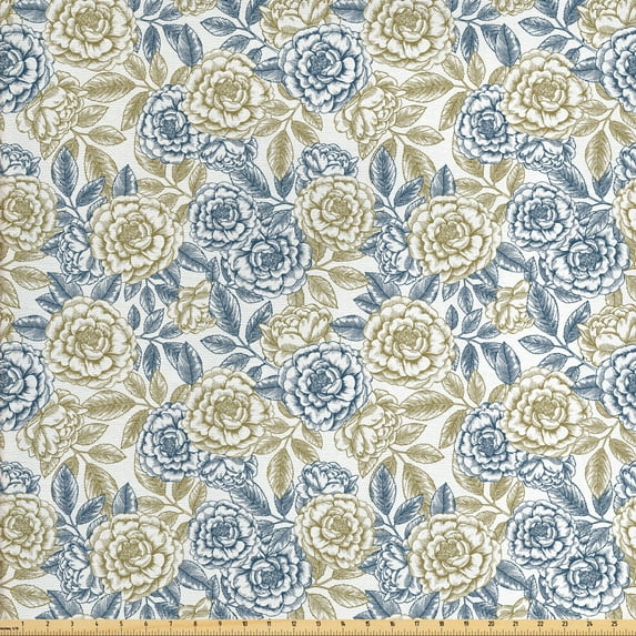Floral Sofa Upholstery Fabric by the Yard, Continuous Sketch of Leaves and Peony Rose Flowers Illustration Pattern, Decorative Fabric for DIY and Home Accents, White and Slate Brown by Ambesonne