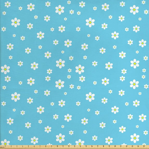 Ambesonne Floral Fabric by the Yard Upholstery, Spring Flower Pastel Motifs, 5 Yards, Pale Sky Blue Yellow
