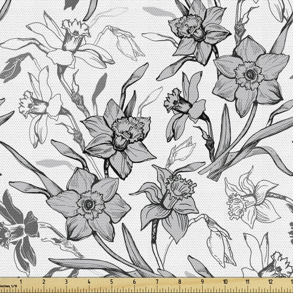 Floral Sofa Upholstery Fabric by the Yard, Detailed Daffodil Narcissus Sketch Greyscale Tones Botanical Illustration, Decorative Fabric for DIY and Home Accents, Dimgray and Grey by Ambesonne