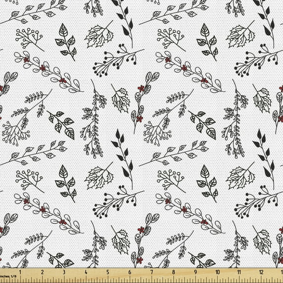 Floral Sofa Upholstery Fabric by the Yard, Different Style Branches with Leaves in Continuous Pattern, Decorative Fabric for DIY and Home Accents, White Charcoal Grey by Ambesonne