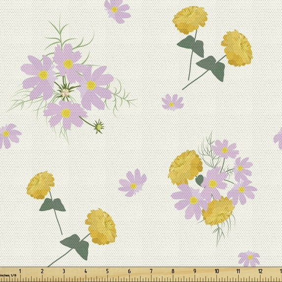 Floral Sofa Upholstery Fabric by the Yard, Digitally Generated Cosmea and Zinnia Flowers Botanic Art, Decorative Fabric for DIY and Home Accents, Mustard Reseda Green by Ambesonne