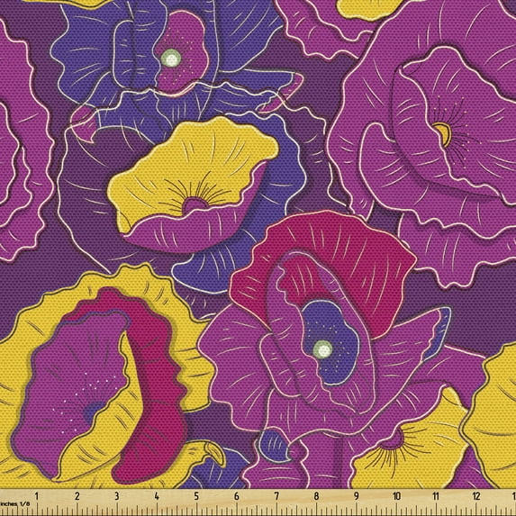 Floral Sofa Upholstery Fabric by the Yard, Energetic Vivid Cartoon Style Illustration of Repetitive Cheerful Flowers Print, Decorative Fabric for DIY and Home Accents, Multicolor by Ambesonne