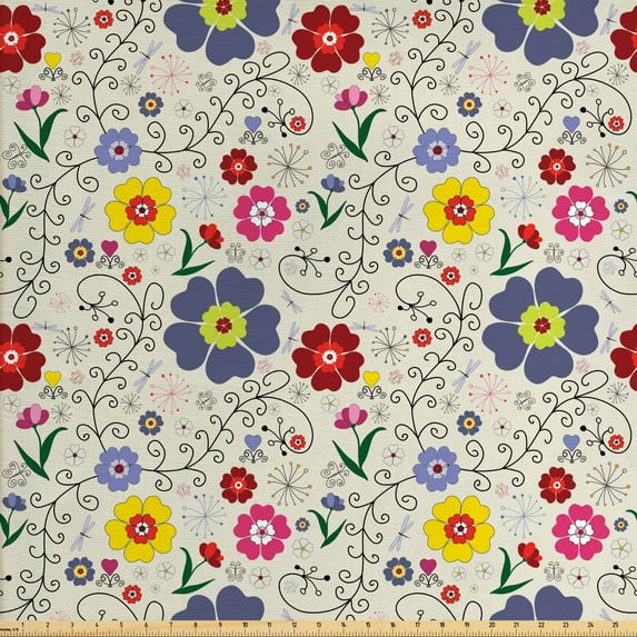 Ambesonne Floral Fabric by the Yard Upholstery, Flower Butterfly Pattern, 2 Yards, Multicolor