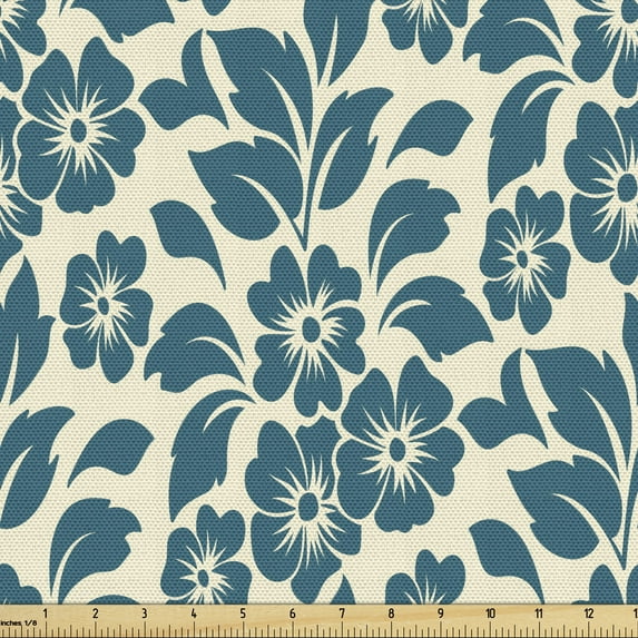 Ambesonne Shabby Flora Fabric by the Yard Upholstery, Flower Bloom Spring, 2 Yards, Teal Cream