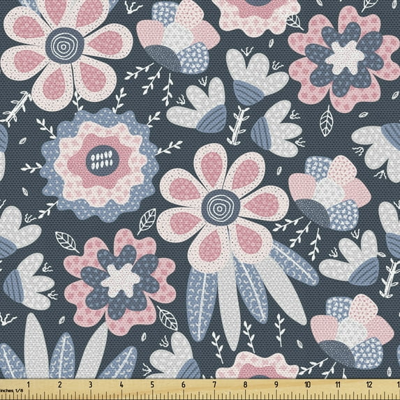 Floral Sofa Upholstery Fabric by the Yard, Flowers with Different Styles Hand Drawn Composition, Decorative Fabric for DIY and Home Accents, Slate Blue Pink by Ambesonne