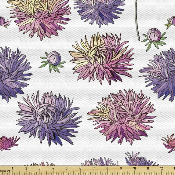 Floral Sofa Upholstery Fabric by the Yard, Hand Drawn Like Aster Flowers Drawing Repetitive Print on a Plain Background, Decorative Fabric for DIY and Home Accents, Violet Pink Cream by Ambesonne