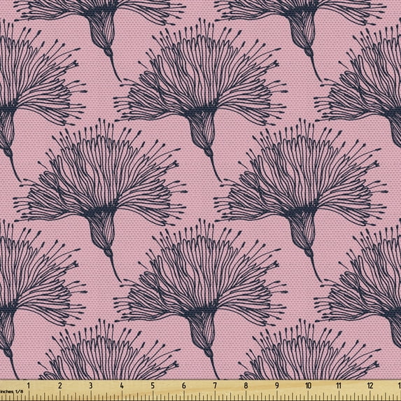 Floral Sofa Upholstery Fabric by the Yard, Hand Drawn Naive Flowers in Romantic Vibes and Feminine, Decorative Fabric for DIY and Home Accents, Pink Petrol Blue by Ambesonne