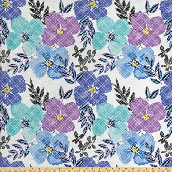 Floral Sofa Upholstery Fabric by the Yard, Hand Drawn Soft Spring Tones Flower with Grid Ornament, Decorative Fabric for DIY and Home Accents, Multicolor by Ambesonne