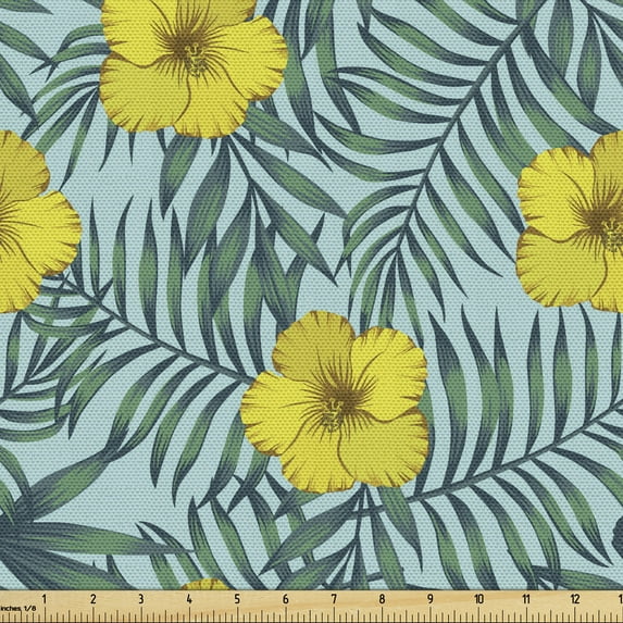 Ambesonne Floral Fabric by the Yard Upholstery, Ornamental Hibiscus Flowers, 5 Yards, Pale Blue Yellow and Green