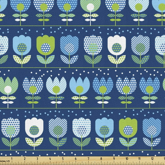 Ambesonne Floral Fabric by the Yard Upholstery, Scandinavian Inspired Tulips, 10 Yards, Night Blue Yellow Green
