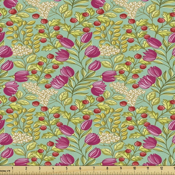 Floral Sofa Upholstery Fabric by the Yard, Illustration of Spring Blooming Flowers and Leaves on a Natural Backdrop, Decorative Fabric for DIY and Home Accents, Seafoam Pink and Green by Ambesonne