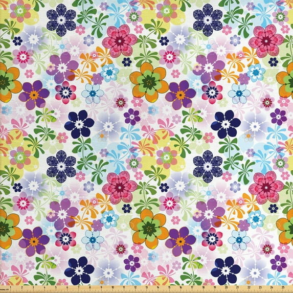 Ambesonne Floral Fabric by the Yard Upholstery, Colorful Translucent Flowers, 10 Yards, Multicolor