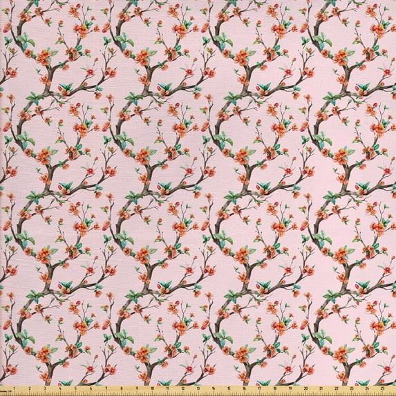 Ambesonne Floral Fabric by the Yard Upholstery, Sakura Tree Branches, 10 Yards, Rose Salmon Jade Green