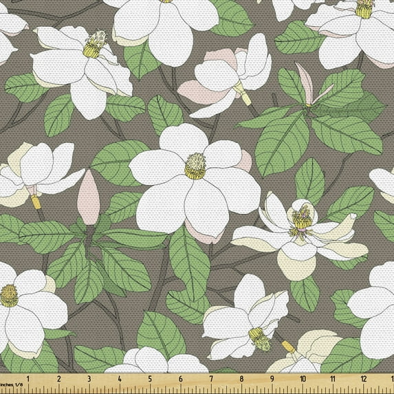 Ambesonne Floral Fabric by the Yard Upholstery, Magnolia Flower Branches, 2 Yards, Green Brown and Multicolor