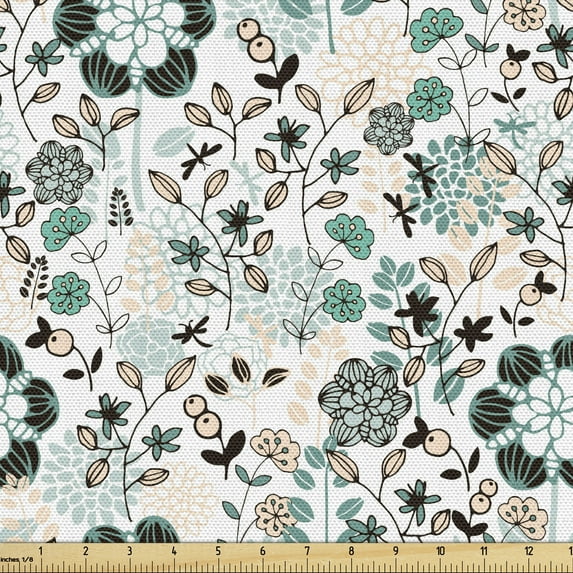Ambesonne Floral Fabric by the Yard Upholstery, Vernal Freshness Pattern, 5 Yards, White and Multicolor