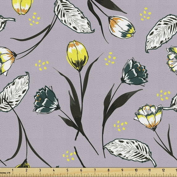 Floral Sofa Upholstery Fabric by the Yard, Modern Random Layout of Flowers in Pastel Tones Illustration Pattern, Decorative Fabric for DIY and Home Accents, Purple Grey and Multicolor by Ambesonne