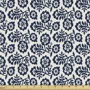 Floral Sofa Upholstery Fabric by the Yard, Monochrome Flowers Traditional Motifs Leaves Rhythmic Illustration, Decorative Fabric for DIY and Home Accents, Violet Blue Off White by Ambesonne