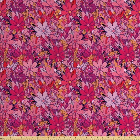 Ambesonne Floral Fabric by the Yard Upholstery, Retro Hand Drawn Flowers, 5 Yards, Magenta Plum and Apricot
