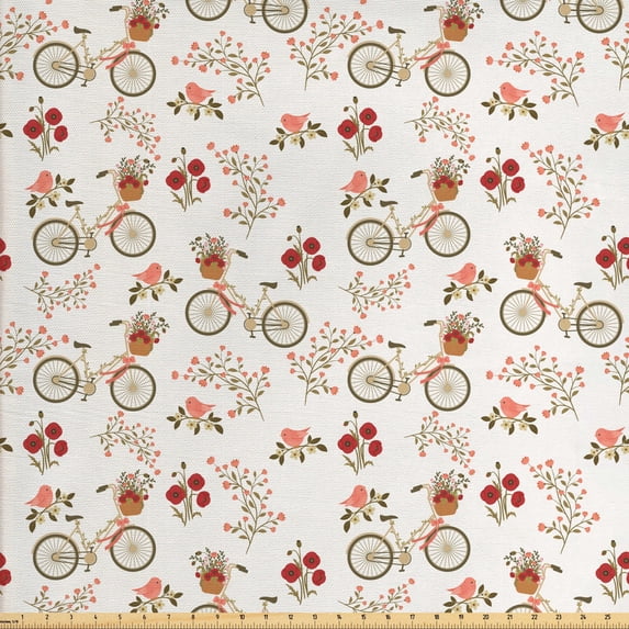 Ambesonne Floral Fabric by the Yard Upholstery, Bikes Poppy Flowers, 3 Yards, Multicolor