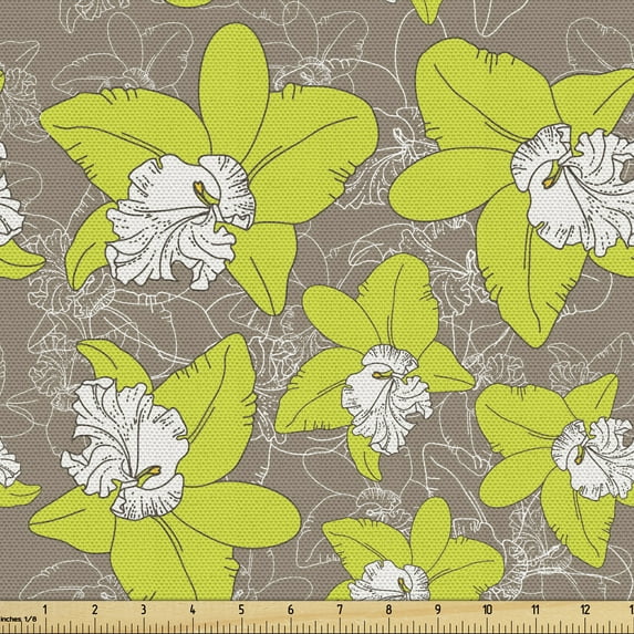 Floral Sofa Upholstery Fabric by the Yard, Pastel Blossoming Petals Doodle Exotic Flora Fragrance Season Theme, Decorative Fabric for DIY and Home Accents, Yellow Green Cocoa White by Ambesonne