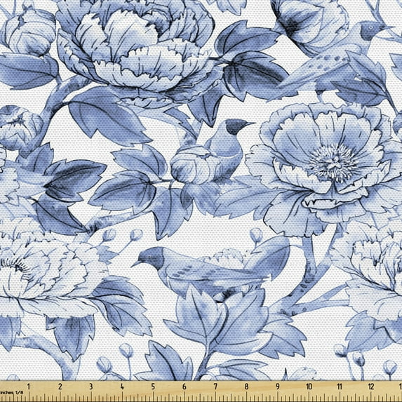 Ambesonne Floral Fabric by the Yard Upholstery, Pastel Peonies and Birds, 2 Yards, Ceil Blue and White