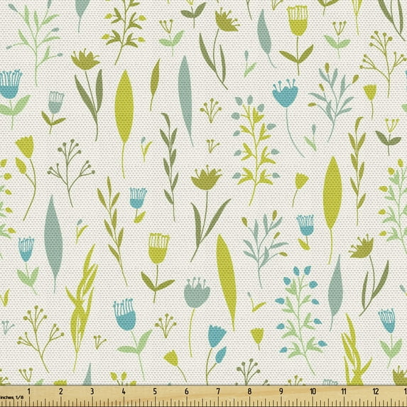 Ambesonne Floral Fabric by the Yard Upholstery, Poetic Jolly Season Items, 3 Yards, Cream Yellow Green