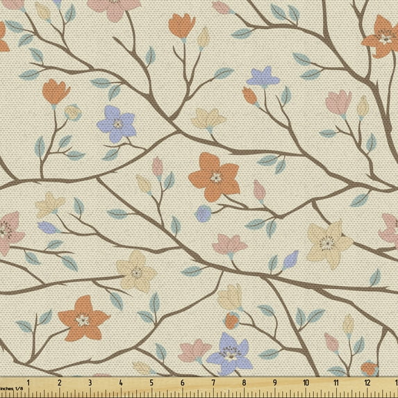 Ambesonne Floral Fabric by the Yard Upholstery, Pointed Petals Flowers Twigs, 5 Yards, Pale Mustard Multicolor