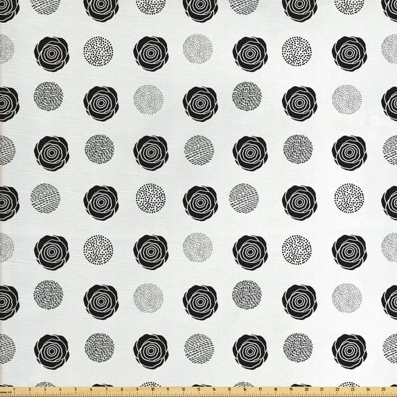 Floral Sofa Upholstery Fabric by the Yard, Repeating Pattern with Rose Petals and Dotted Rounds Monochrome Art, Decorative Fabric for DIY and Home Accents, Charcoal Grey and White by Ambesonne