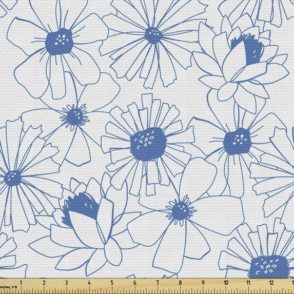 Ambesonne Floral Fabric by the Yard Upholstery, Hand Drawn Nectar Flowers, 5 Yards, Sea Blue White