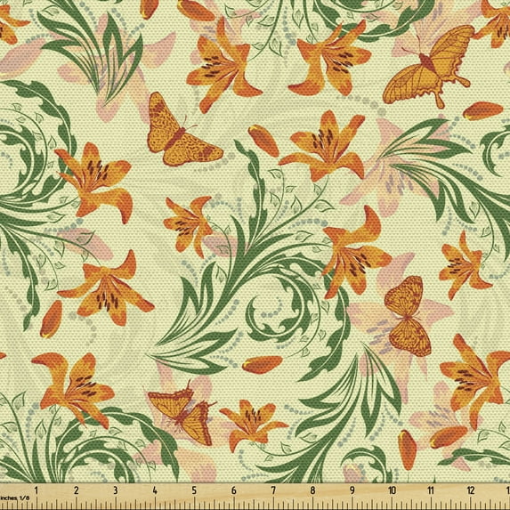Ambesonne Floral Fabric by the Yard Upholstery, Curved Flowers Butterflies, 1 Yard, Cream Orange and Olive Green