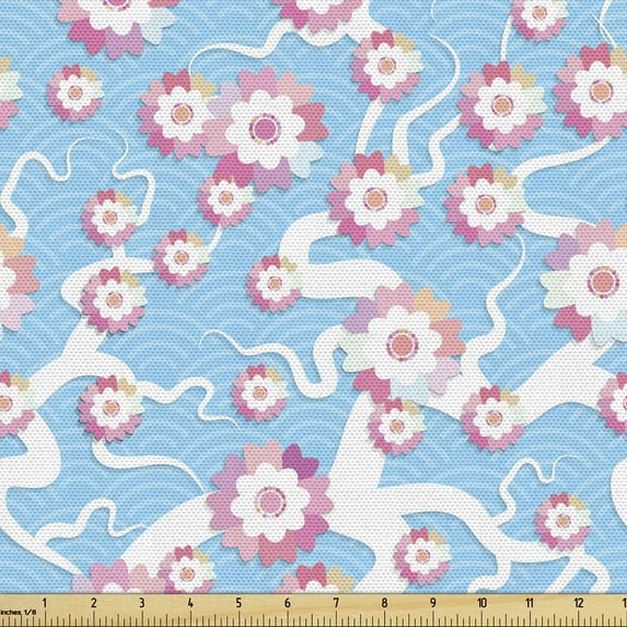 Floral Sofa Upholstery Fabric by the Yard, Romantic Japanese Spring Pinkish Flowers on Curly Wavy Lines Colorful Composition, Decorative Fabric for DIY and Home Accents, Multicolor by Ambesonne