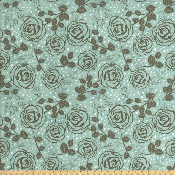 Floral Sofa Upholstery Fabric by the Yard, Romantic Season Inspirations with Roses Birds on Tree Branches Summer Design, Decorative Fabric for DIY and Home Accents, Seafoam Sage Green by Ambesonne