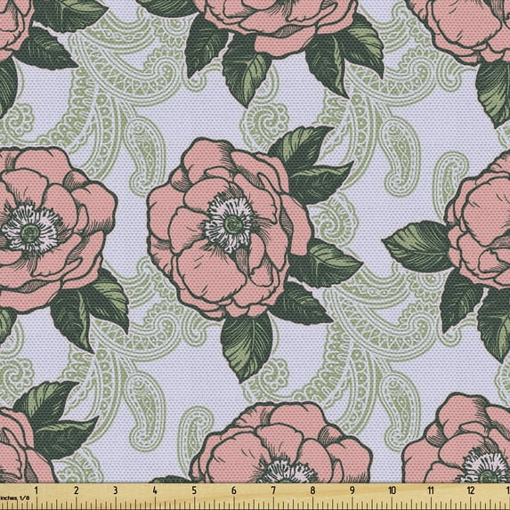 Floral Sofa Upholstery Fabric by the Yard, Romantic Soft Classic Boho Flowers Paisley Lace Style Curly Leaves, Decorative Fabric for DIY and Home Accents, Pastel Purple Blush Green by Ambesonne