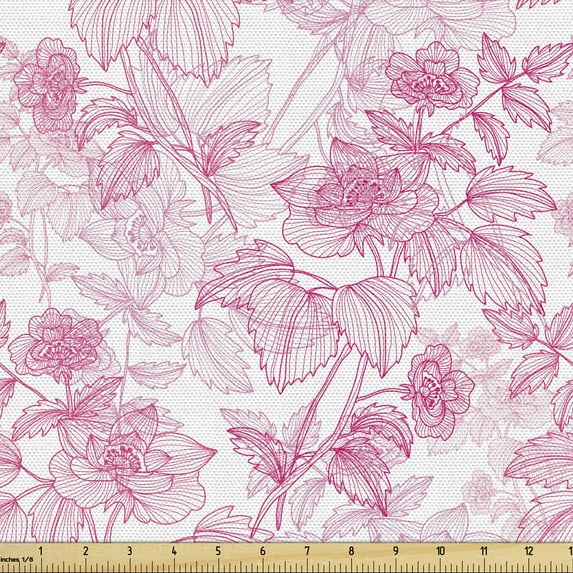 Ambesonne Floral Fabric by the Yard Upholstery, Romantic Outline Flowers, 2 Yards, Pink White