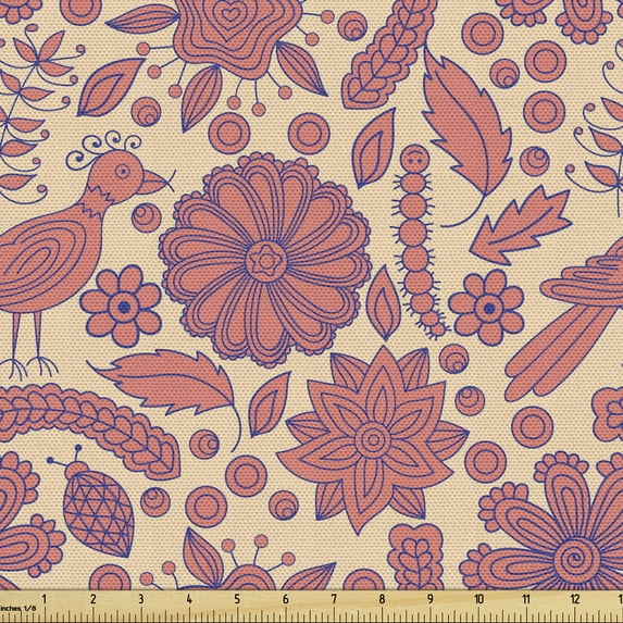 Ambesonne Floral Fabric by the Yard Upholstery, Scandinavian Pattern Flowers, 2 Yards, Pale Peach Coral