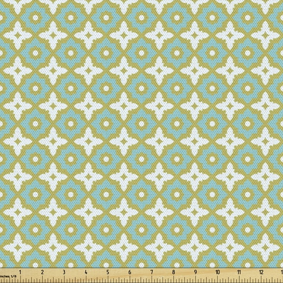Ambesonne Eastern Fabric by the Yard Upholstery, Floral Tones Ornate, 1 Yard, Khaki Turquoise
